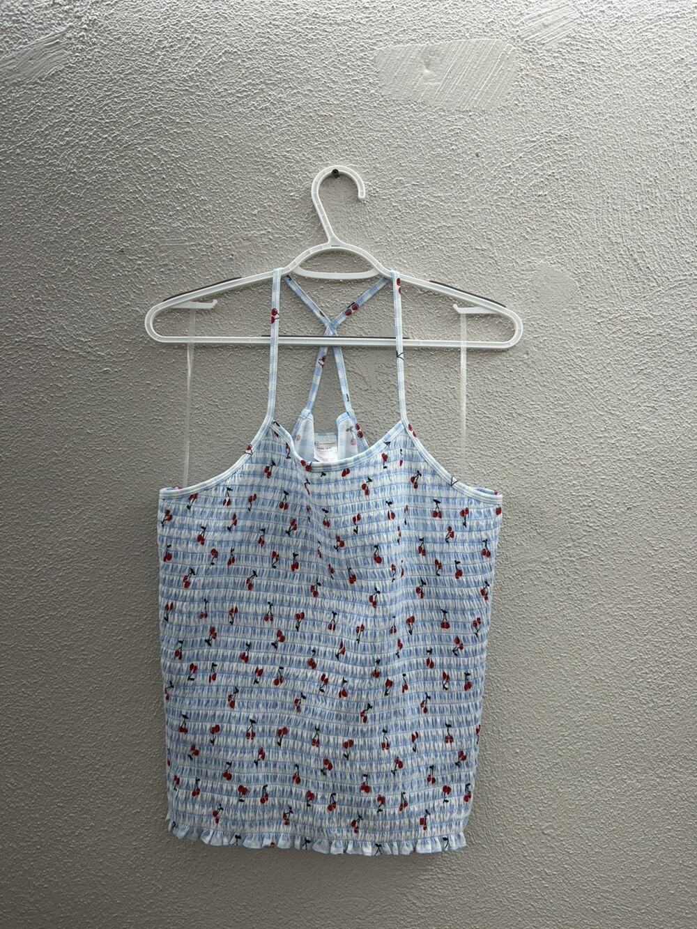 No Boundaries Womens Tank Top XXXL Blue White Checkered Cherry Smocked Racerback